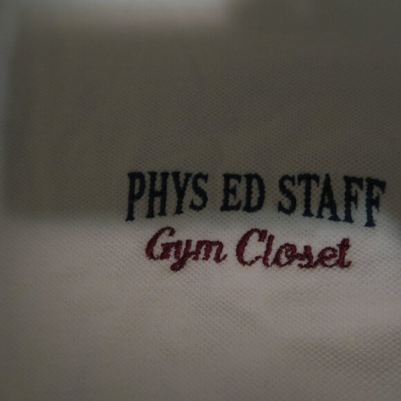 Vintage 90s Phys Ed Staff Gym Closet Embroidered Polo Made in USA Large White - Picture 2 of 5